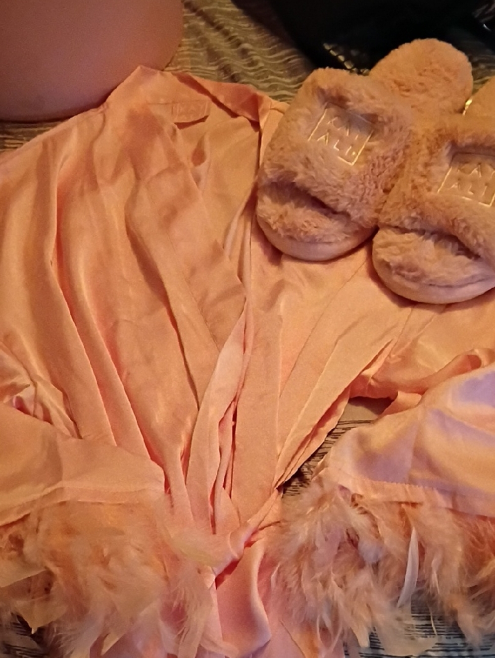 Feather-Trim Satin Robe and Plush Slippers - Soft Pink